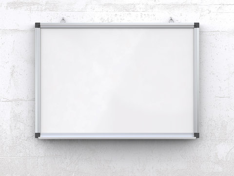 Whiteboard on concrete wall. Blank Whiteboard on rough white concrete wall. Scratched surface, blank for copy space. 3d render,