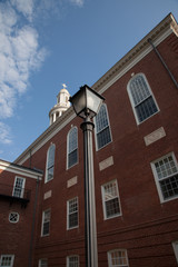 Brick church with steeple against the sky,