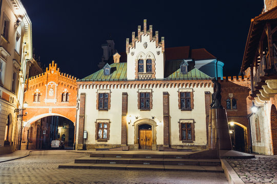 Czartoryski Museum in old town of Krakow at night, Poland
