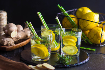 Ingredients for making flu fighting natural hot drink. Oranges, mint, lemons, ginger, honey, apple...