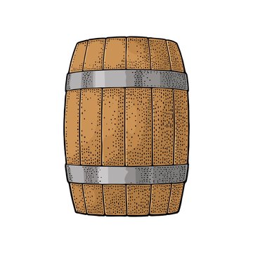 Wooden barrel with metal hoops engraving vector illustration
