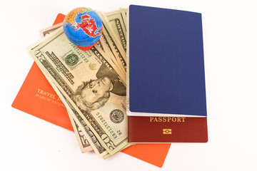 Fototapeta premium Globe and documents with dollars banknote isolated on white background