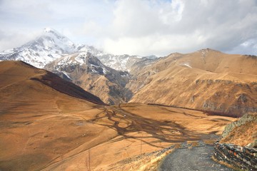 Fototapeta na wymiar Mount Kazbek is one of the major mountains of the Caucasus located on Kazbegi District in Georgia