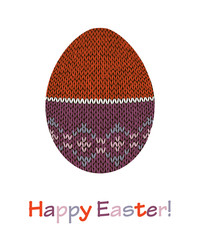 Knitted orange and violet holiday symbol Easter egg with greeting colorful text Happy Easter