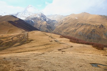 Mount Kazbek is one of the major mountains of the Caucasus located on Kazbegi District in  Georgia