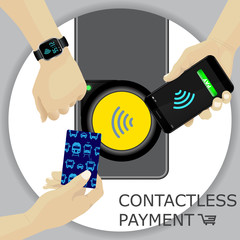 Airport, metro, subway ticket terminal for wireless payments. RFID. Hand holding card, smartphone, smartwatch for transport payment gate. Vector.