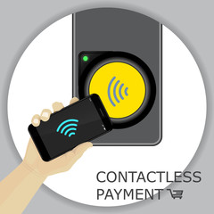 Airport, metro, subway ticket terminal for wireless payments. RFID. Hand holding smartphone for transport payment gate. Vector.