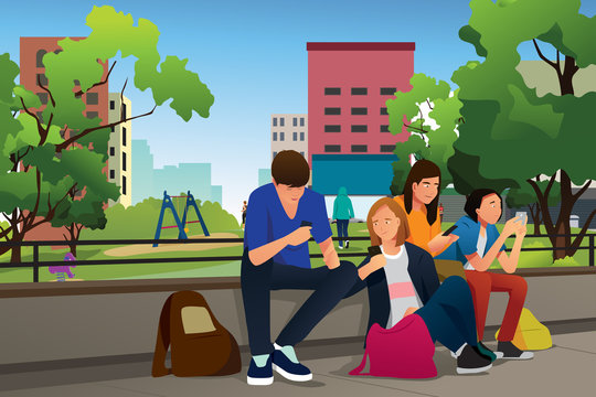 Teenagers Using Their Phones Outdoor Illustration