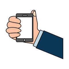 human hand holding smarthpone device technology vector illustration