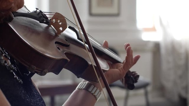 hands of a woman holding fiddle with fiddlestick and playing on concert close-up indoors