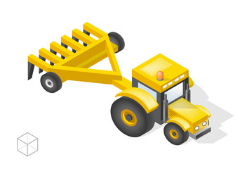Set of Isolated Isometric Minimal City Elements . Tractor with Shadows on White Background