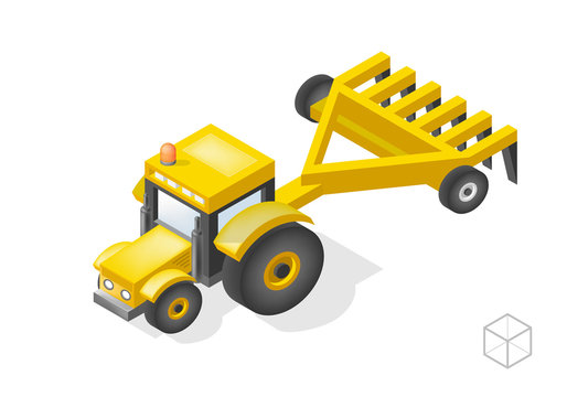 Set of Isolated Isometric Minimal City Elements . Tractor with Shadows on White Background