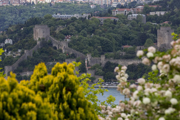 Fototapeta na wymiar One of the towers of Rumeli Fortress overlooks the Bosphorus Strait in Istanbul, Turkey.istanbul throat transport