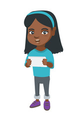 Little african girl using a tablet computer. Smiling girl holding digital tablet in hands. Happy girl playing with digital tablet. Vector sketch cartoon illustration isolated on white background.