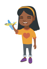African-american cheerful girl playing with a toy airplane. Full length of happy smiling little girl with a toy plane. Vector sketch cartoon illustration isolated on white background.