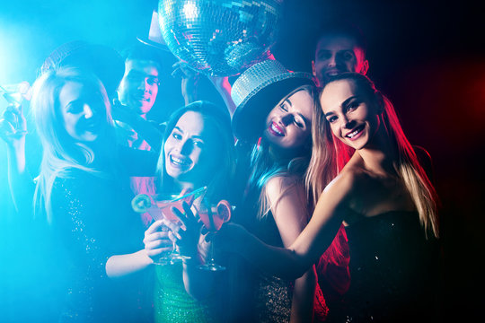 Dance party with group people dancing. How to be an alpha male at a club. Women and confident casual smiling man have fun in night club. Seduce boozy woman cuddles up guy. Rest after hard day at work.
