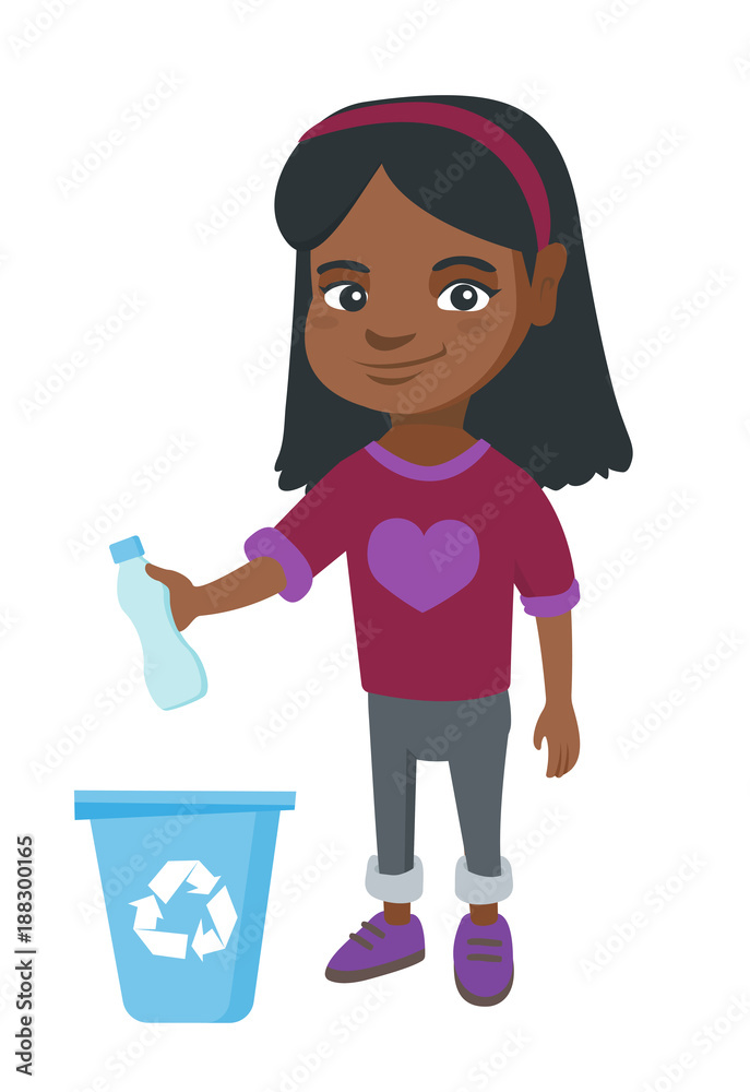 Poster eco-friendly african girl throwing plastic bottle in recycle bin. full length of little girl throwin