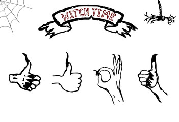 Vector set of witch hands with different gestures. Thumbs up and ok symbols.