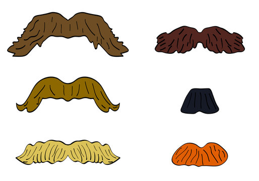 Vector cartoon doodle set of moustaches on a white background in different styles:  painter's brush, english, chevron, handlebar,  lampshade, toothbrush