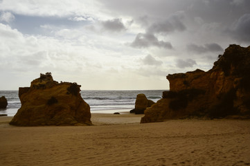 Landscape of the rocks, cliffs and ocean beach coastline Algarve Portugal, Europe. Sunny day, 2018. Panoramic nature beauty seascape, sunshine view