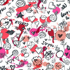 Naklejka premium Vector doodle romantic seamless pattern. Design for fashion textile print, wrapping, valentines day backgrounds.