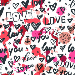 Fototapeta na wymiar Vector seamless pattern with hand drawn hearts and word love. Black and white sketched ink icons and watercolor stains