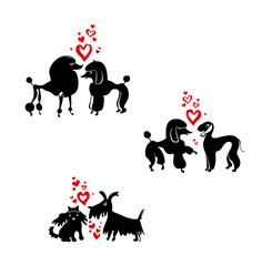 Three vector templates with couples of enamored dogs. Pairs funny loving doggies. Template for Valentine's Day. Symbol Dog on the Chinese calendar.