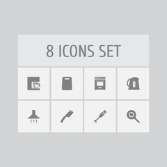 Set of 8 cooking icons set. Collection of kitchen ax, skillet, extractor hood and other elements.
