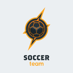 Soccer Football Logo Template. Modern Sport Ball Emblem inside Thunderbolt on a Light Background