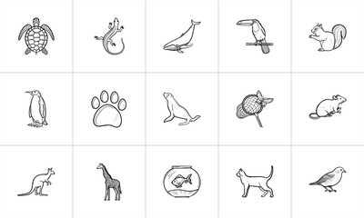 Naklejka premium Animals sketch icon set for web, mobile and infographics. Hand drawn Animals vector icon set isolated on white background.