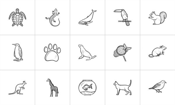Animals sketch icon set for web, mobile and infographics. Hand drawn Animals vector icon set isolated on white background.
