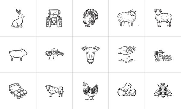 Farm animals sketch icon set for web, mobile and infographics. Hand drawn Farm animals vector icon set isolated on white background.
