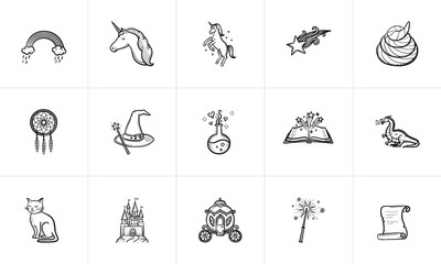 Fototapeta premium Magic and fairytale theme sketch icon set for web, mobile and infographics. Hand drawn Magic vector icon set isolated on white background.