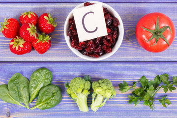 Fruits and vegetables containing vitamin C and natural minerals, concept of strengthening immunity