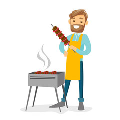 Young cheerful caucasian white hipster man with beard cooking shashlik with vegetables and meat on skewers on the barbecue grill outdoors. Vector cartoon illustration isolated on white background.