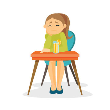 Disappointed caucasian white woman sitting at the table with orange alcohol cocktail. Woman in depression resting in the bar with alcohol. Vector cartoon illustration isolated on white background.