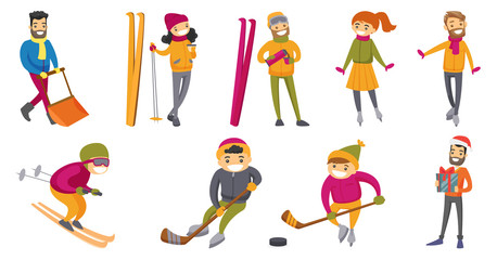 Fototapeta na wymiar Young caucasian white people playing winter sport set. People skiing, skating, playing ice hockey, man holding box with christmas gift. Set of vector cartoon illustrations isolated on white background