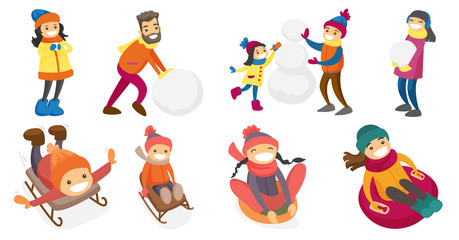 Obraz na płótnie Canvas Caucasian white people playing in snow set. Kids and adults building a snowman, enjoying a sleigh ride, sledding down on rubber tube. Set of vector cartoon illustrations isolated on white background.