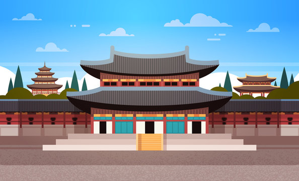 South Korea Landmark Famous Palace Traditional Korean Temple Landscape Flat Vector Illustration