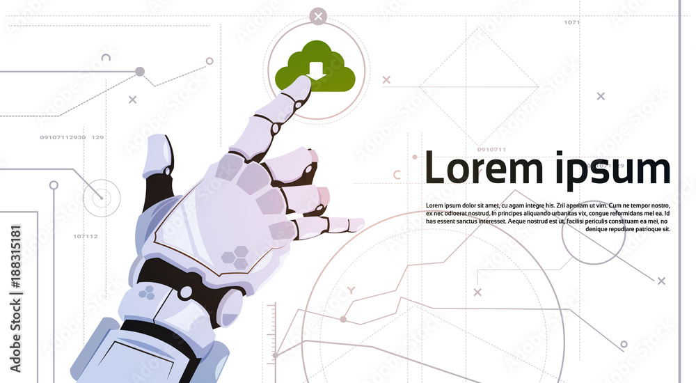 Poster Robotic Hand Touch Cloud Database Icon Cloud Computing Technology Robots And Artificial Intelligence Concept Flat Vector Illustration