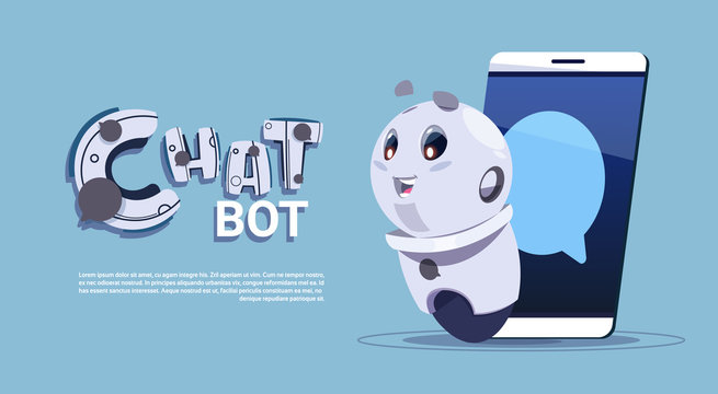 Chat Bot In Smart Phone Cute Robot Template Banner With Copy Space, Chatter Or Chatterbot Technical Support Service Concept Flat Vector Illustration