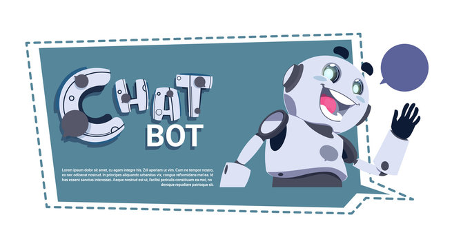 Chat Bot App Cute Robot Chatter Or Chatterbot Technical Support Service ConceptTemplate Banner With Copy Space Flat Vector Illustration