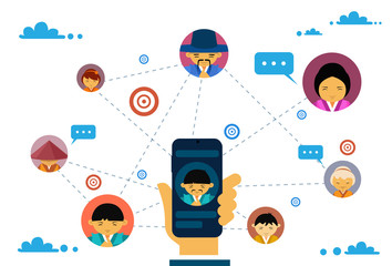 Social Media Communication And Connection Concept With Hand Holding Smart Phone And Asian People Avatars Chatting Flat Vector Illustration