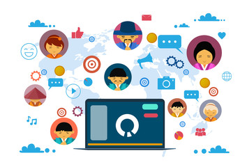 Social Media Communication And Network Concept With Laptop Computer And Asian People Avatars Chatting Flat Vector Illustration