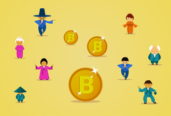 Bitcoin Mining Technology Group Of Asian People In Traditional Clothes With Golden Bit Coins Cryptocurrency Digital Web Money Concept Flat Vector Illustration