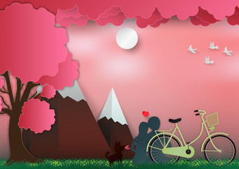 Valentines day on pink background with man and woman in love have bike and a tree. paper art style. vector illustration