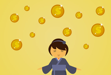Asian Woman In Traditional Clothes With Dollar Coins Falling Financial Success Concept Flat Vector Illustration
