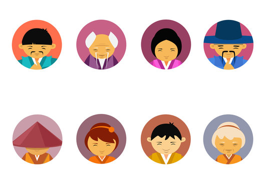 Portraits Of Asian People Set Of Men And Women In Traditional Clothes Female Male Avatar Icons Collection Flat Vector Illustration
