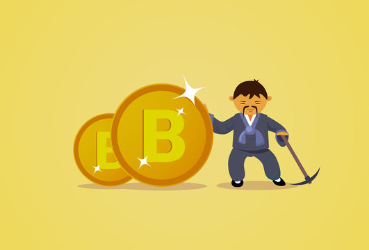 Bitcoin Mining Concept Asian Man In Traditional Clothes Hold Pickaxe Cryptocurrency Web Money Technology Flat Vector Illustration