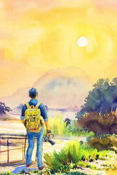 One man tourist and backpack. watercolor lanscape painting